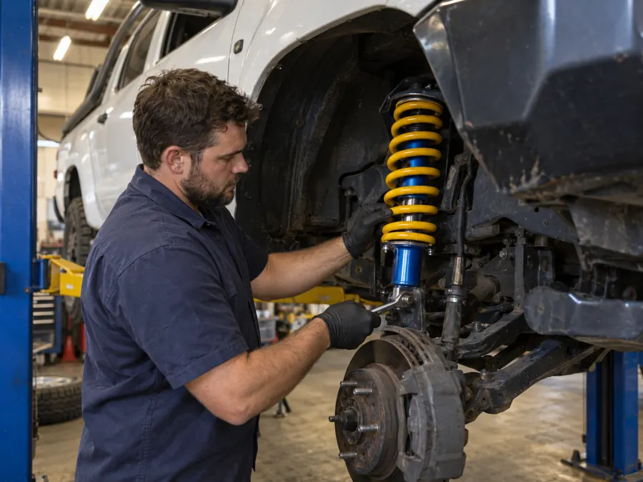 A mechanic fitting a coilover lift kit to a ute on a hoist