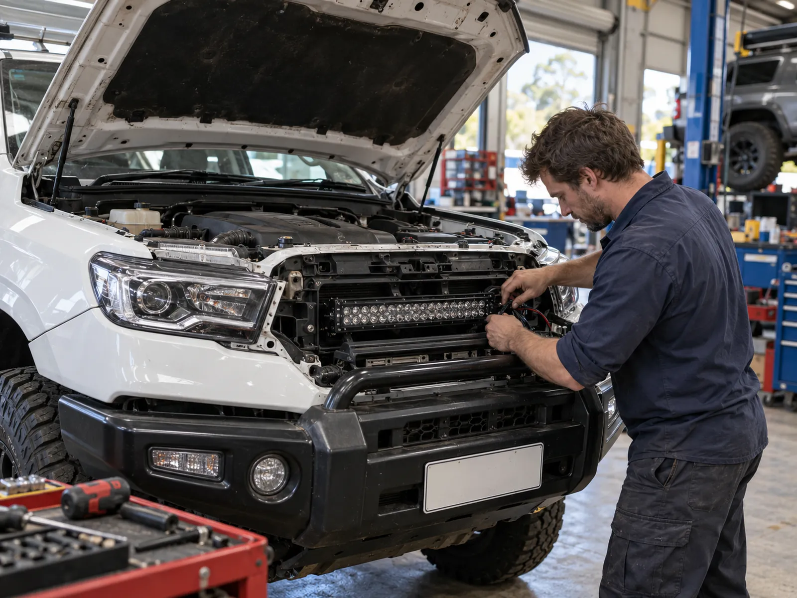 A mechanic fitting an LED light bar behind the grille of a ute