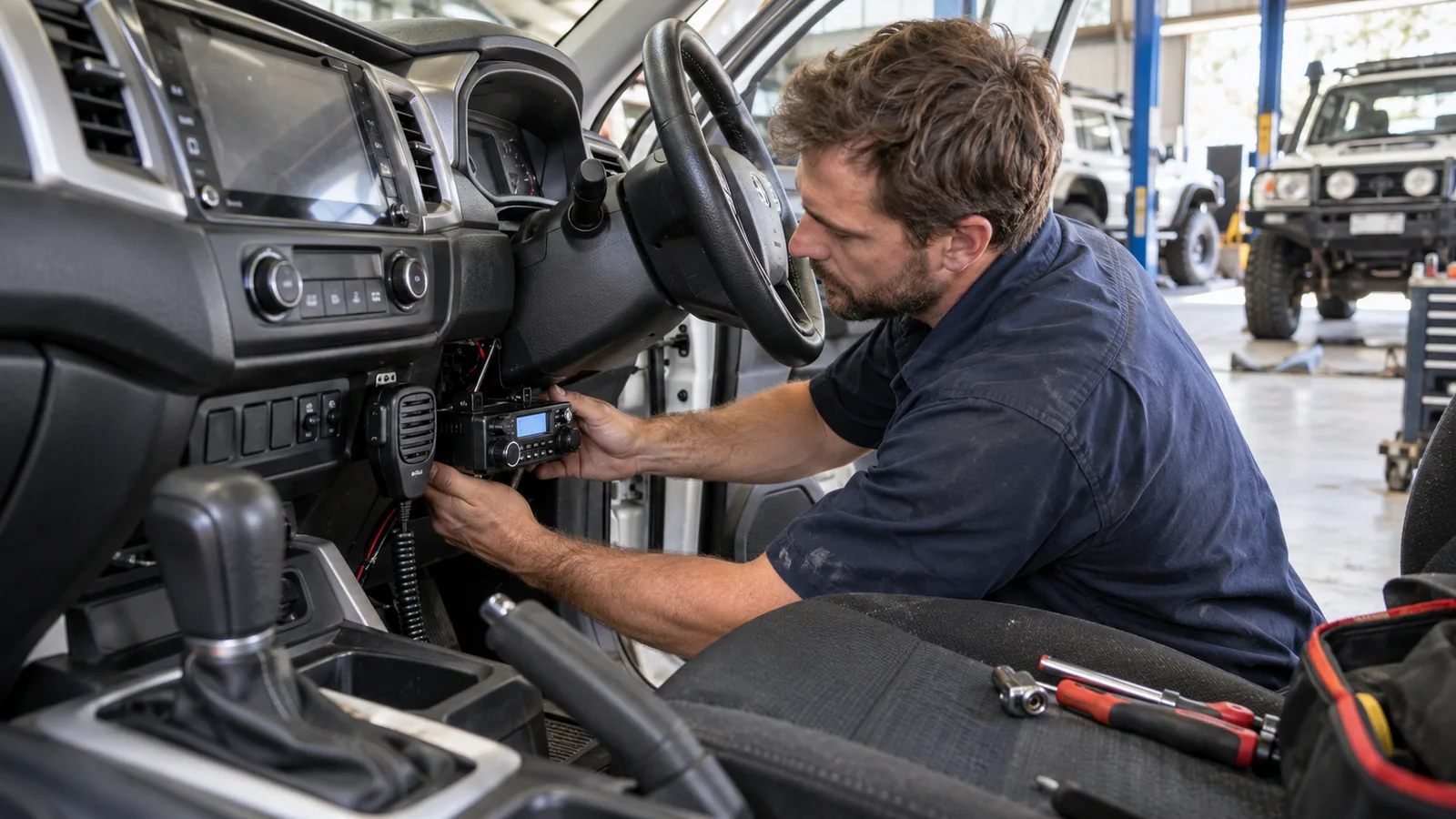 A mechanic fitting a UHF radio under the dash of a ute