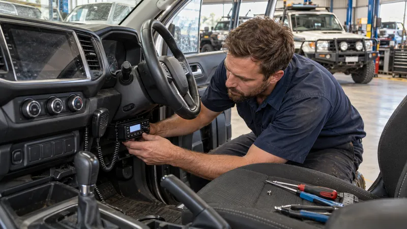A mechanic fitting a UHF radio under the dash of a ute
