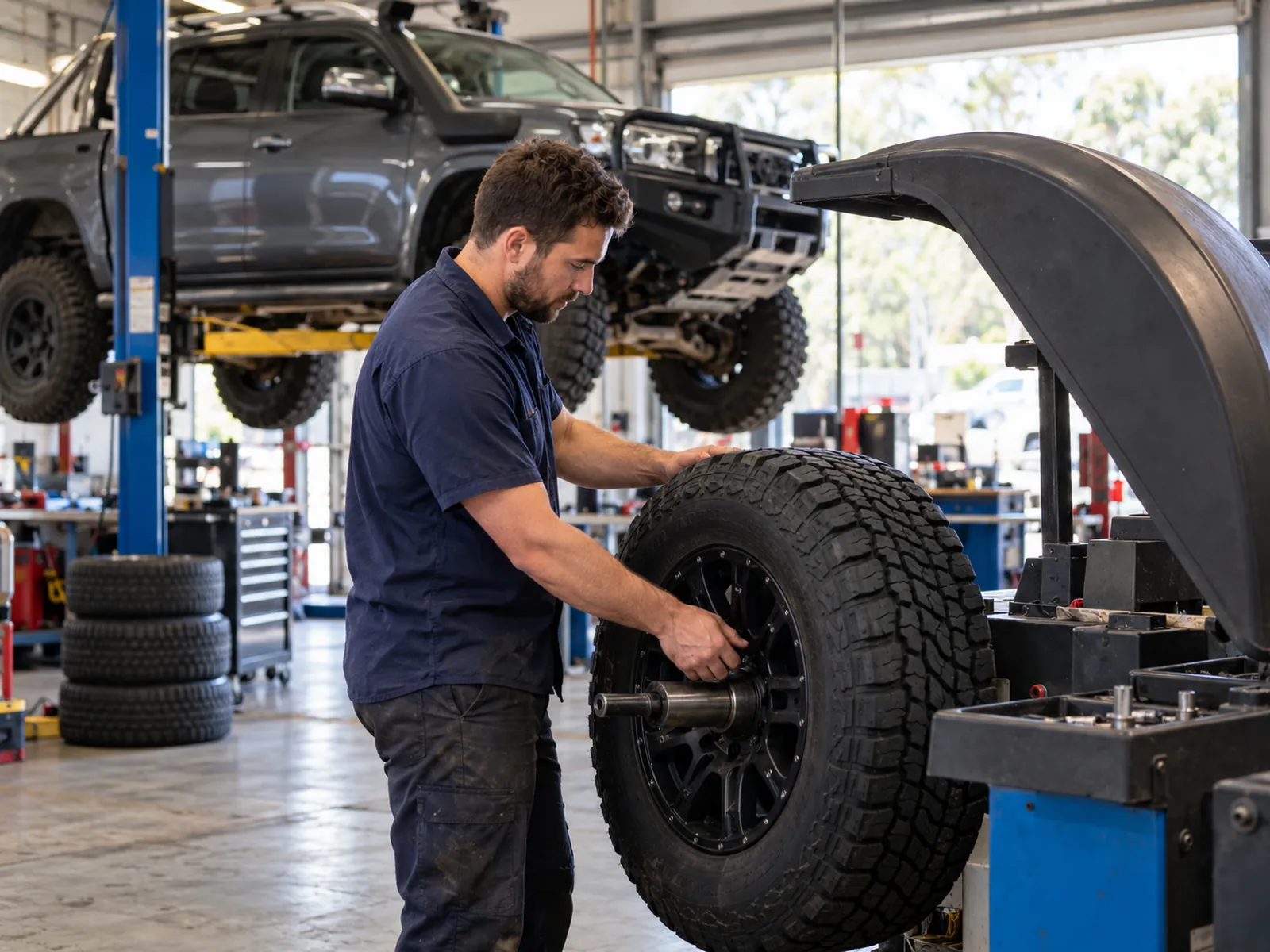 A technician balancing a 4x4 wheel and tyre in the workshop