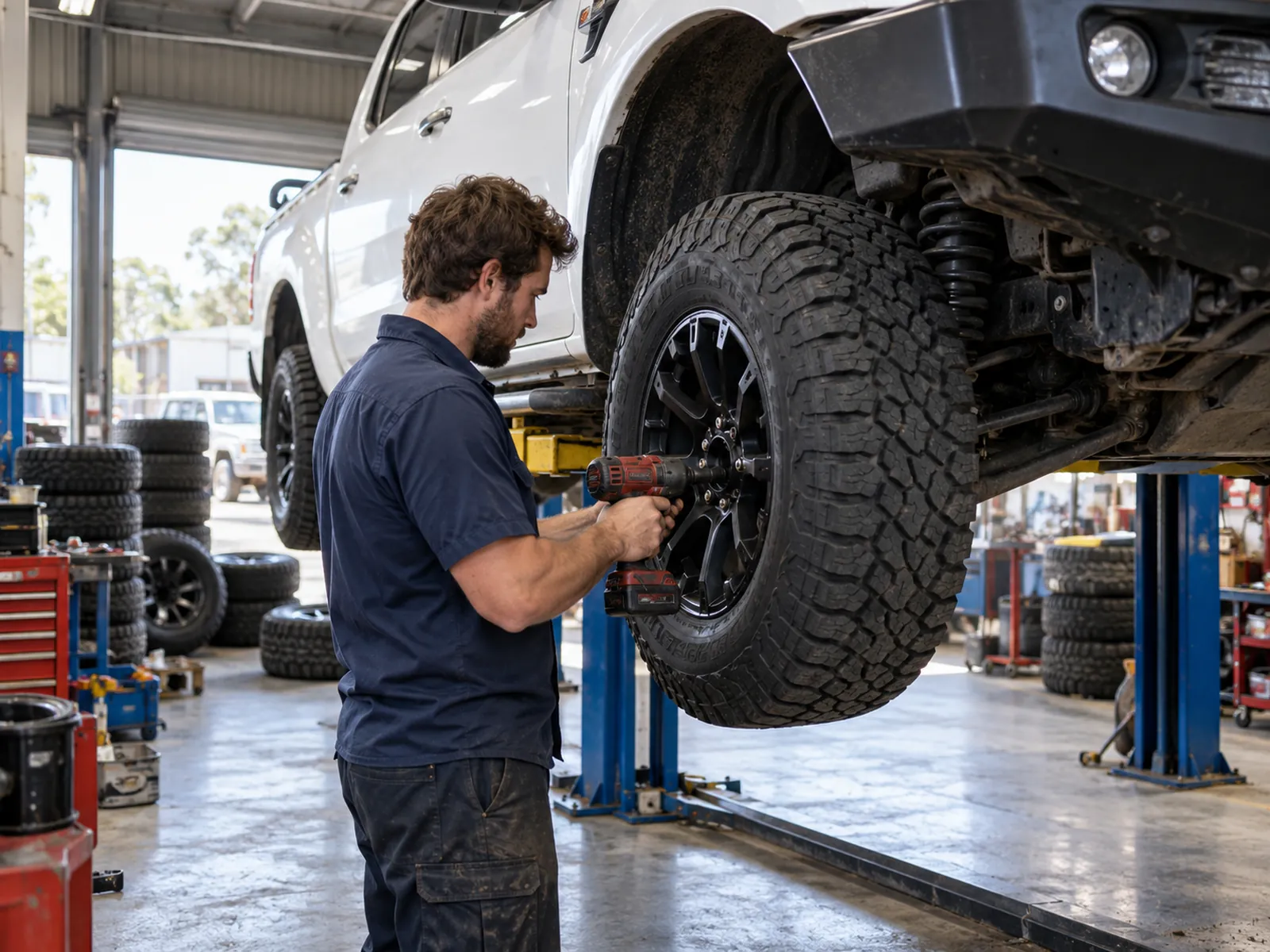 A technician fitting an alloy wheel and all-terrain tyre to a lifted ute