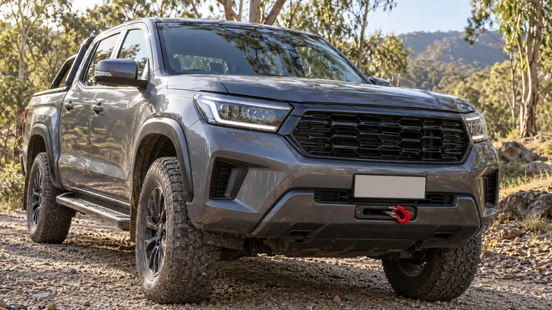 A hidden winch cradle behind the factory bumper of a ute, with only the fairlead showing