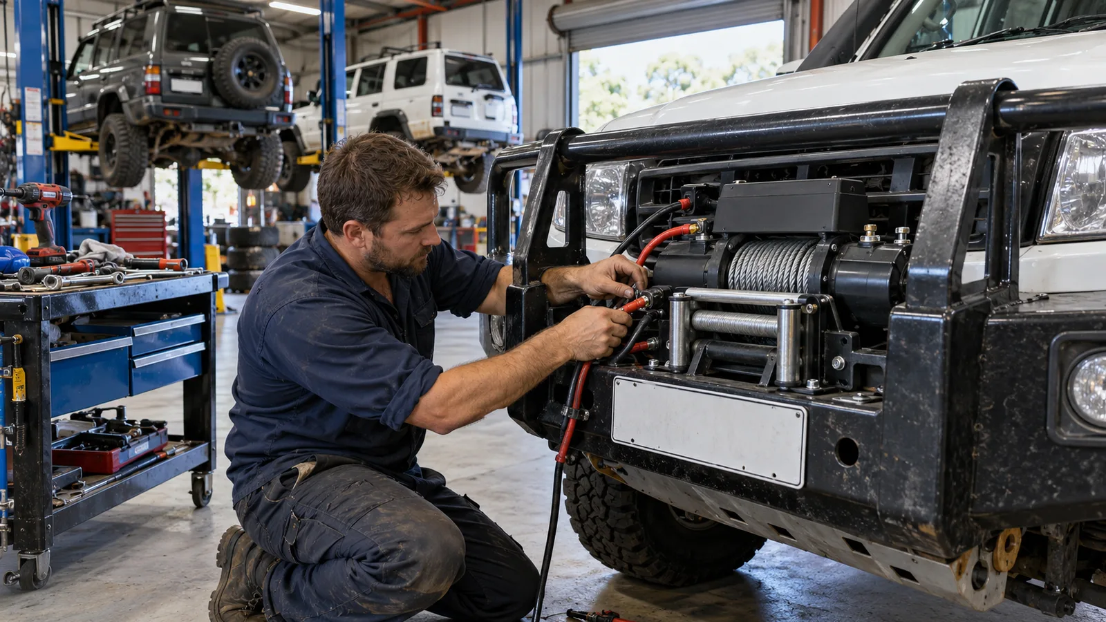 A mechanic wiring a winch into the bull bar of a ute in the workshop