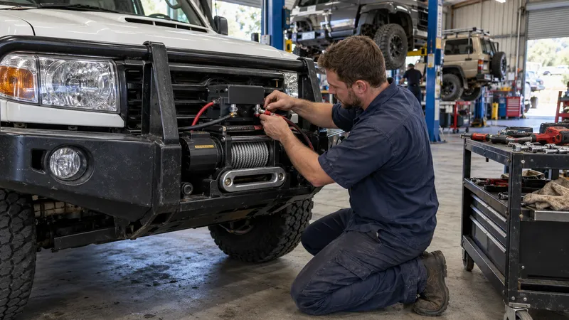 A mechanic wiring a winch into the bull bar of a ute in the workshop