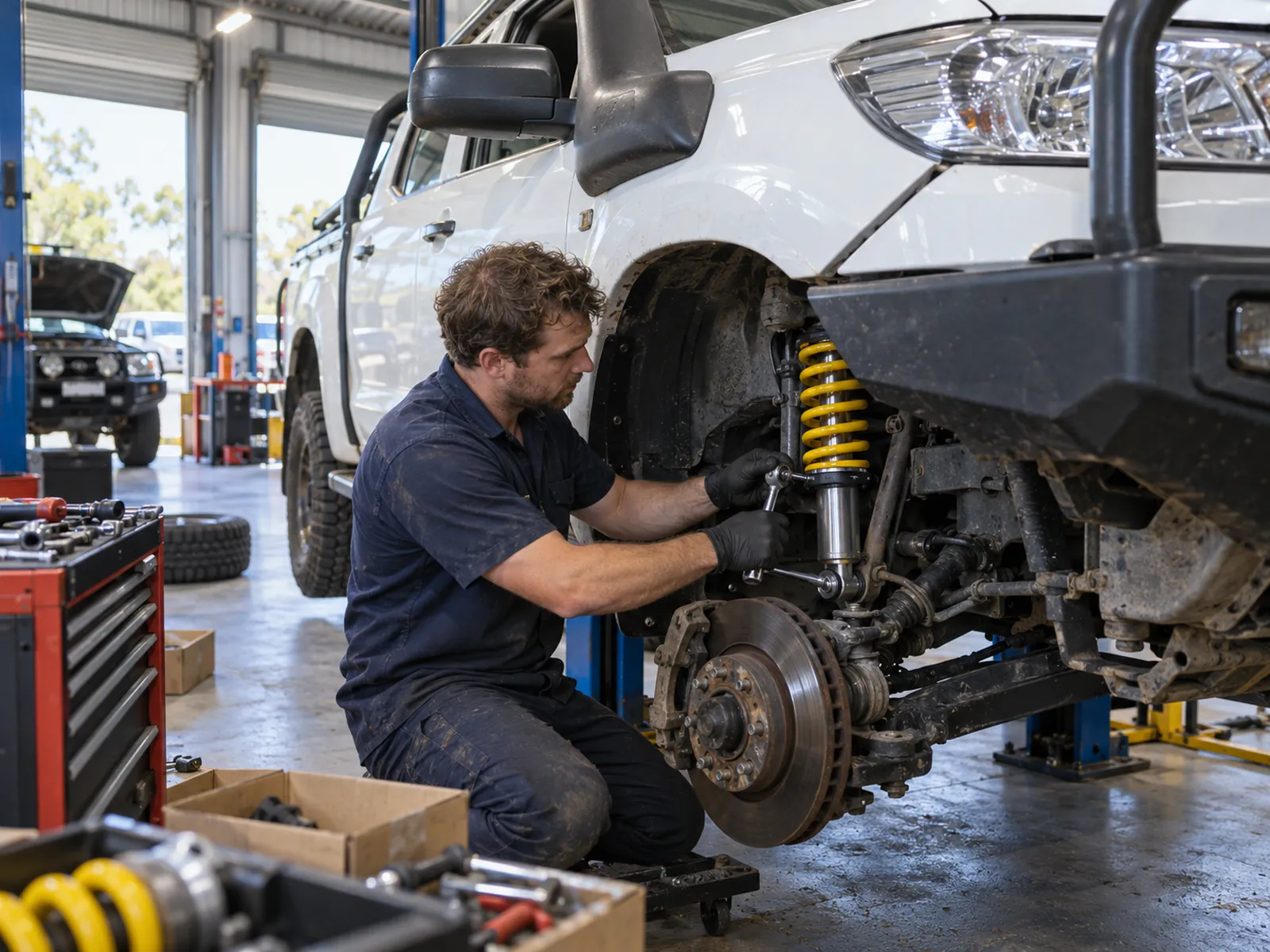 A mechanic fitting a yellow coilover lift kit to the front of a ute